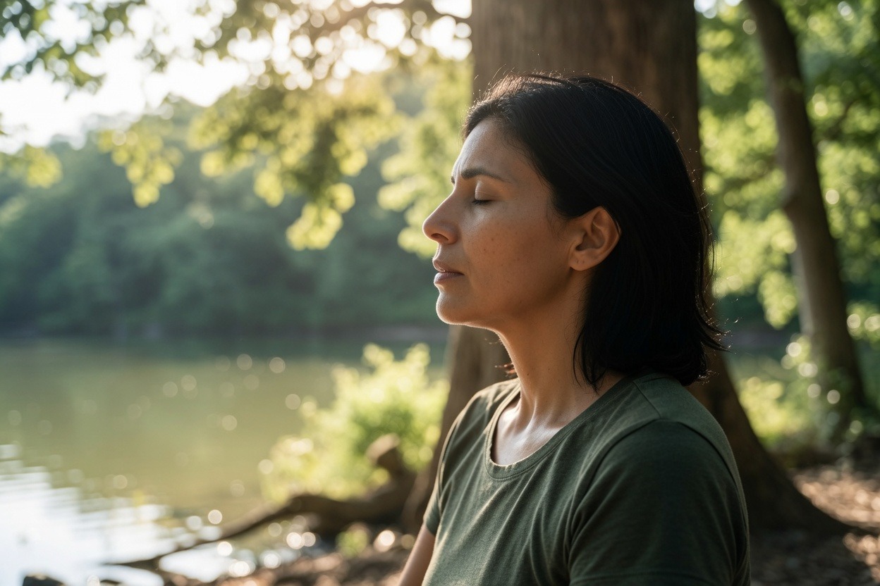 Donna in primo piano di profilo, seduta in natura con gli occhi chiusi, che pratica una respirazione gentile e rilassata in uno stato di profonda serenità. Sfondo di lago e bosco al tramonto, immagine rappresentativa del breathwork consapevole.