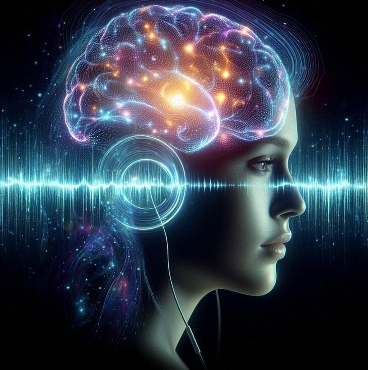 Home 18 Donna in profilo con cuffie, il cervello illuminato da una rete di luci vibranti nei toni di blu, viola e arancione. Immagine futuristica che rappresenta l’attivazione mentale, le onde cerebrali e l’esperienza di ascolto immersivo per meditazione e benessere